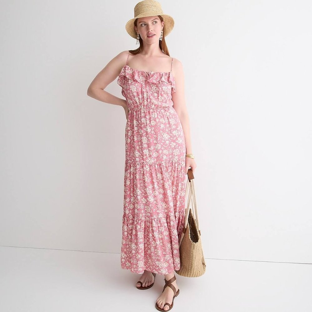 J Crew Tiered Maxi Dress in Pink Dark Flamingo Tossed Floral